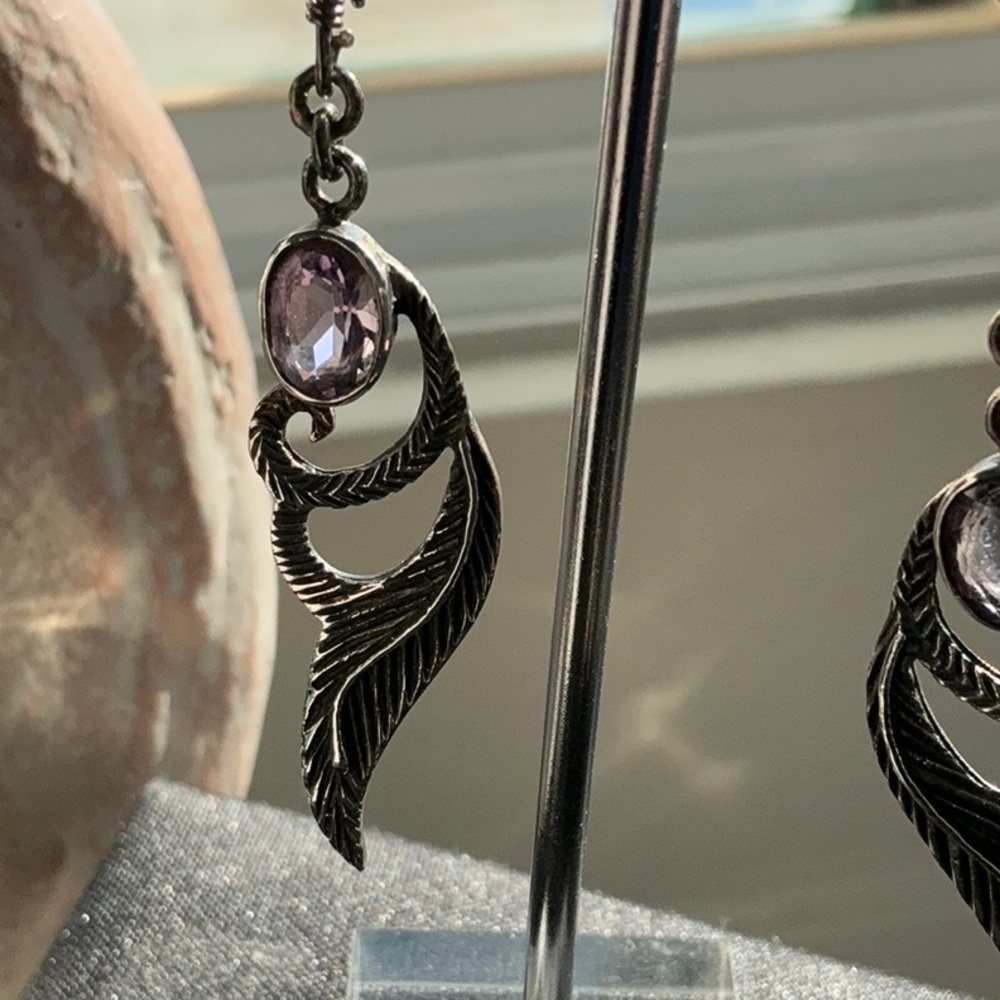 Chic Sterling Silver and Amethyst Feather Earrings